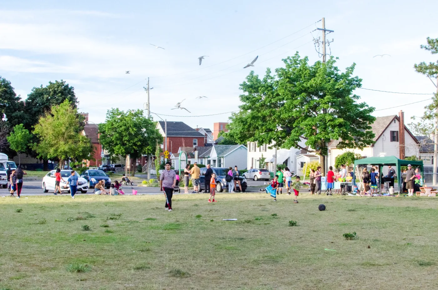 Kids playing in the park at the community barbeque